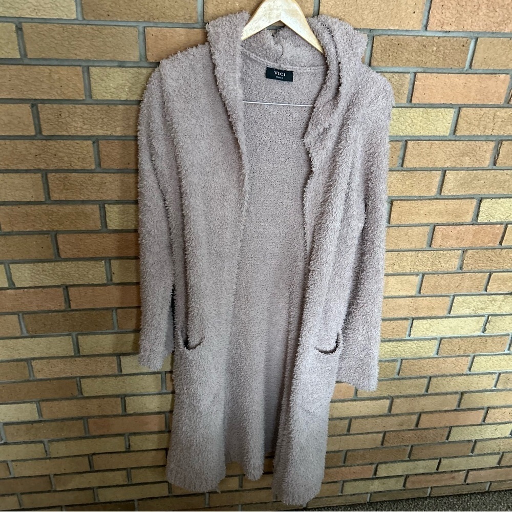 Vici Fuzzy Pocket Belted Hoodie Long Cardigan Women's Size Small Tan/Pink